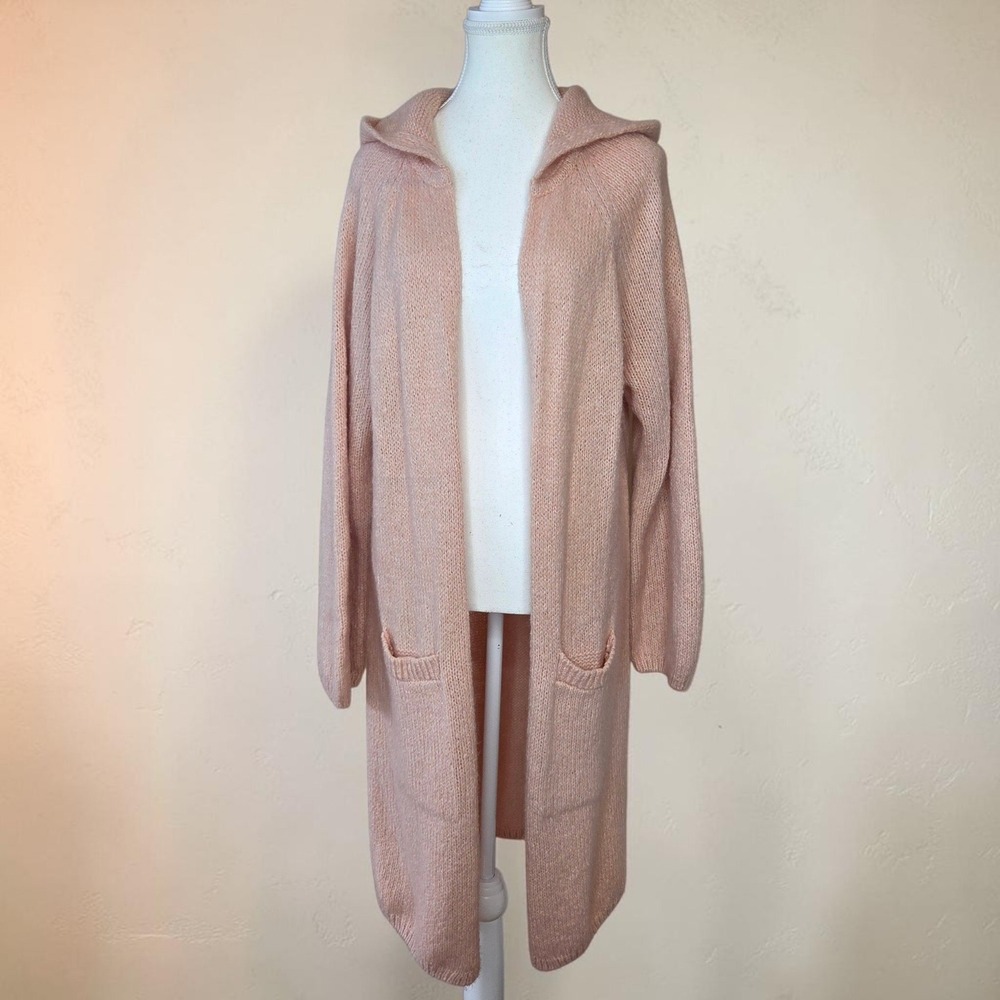 Gap Women Pink Wool Blend Hooded Longline Duster Cardigan Sweater Large Cozy